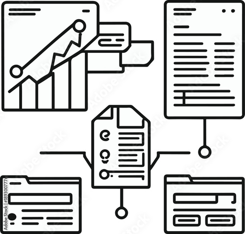 SEO objects, search ranking chart, keyword tag, meta description document, backlink chain icon, search result preview screen, bold black thick outline line art 2.