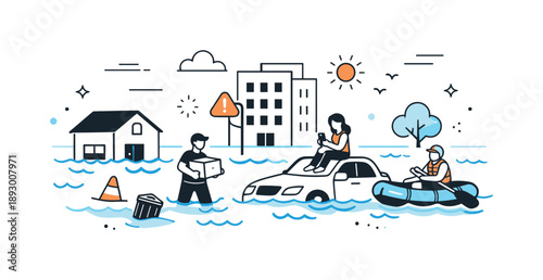 Urban Flood Chaos. Urban flood disaster. Streets partially covered with rising water around buildings and cars, showing disruption and adaptation. Calm