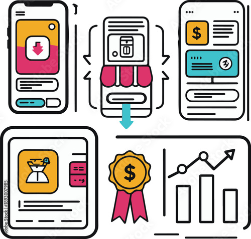  app monetization objects, in app purchase screen, subscription renewal arrows, ad placement box, revenue growth chart, premium badge icon, bold black thick outline line art 2