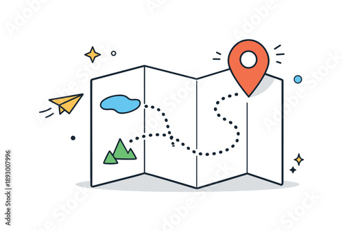 Minimal Map Navigation. Map navigation illustration. Minimal folded map with a location pin and dotted path, expressing exploration and travel planning. Calm