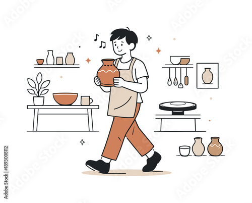 Pottery Class Triumph. Pottery class illustration. A person carrying a finished ceramic piece with pride, walking through the studio, expressing fulfillment,