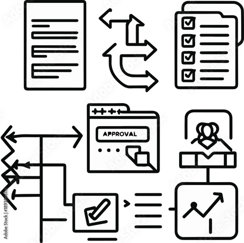  change management objects, change request form, process transition arrows, stakeholder communication note, approval checkpoint, successful change icon, bold black thick outline line art