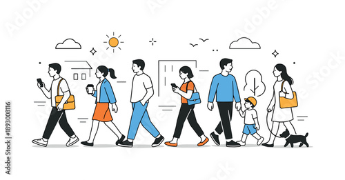 Urban Stroll Vibes. Walking through the city. People strolling along an urban street with simple architecture in the background. Clean composition focused on