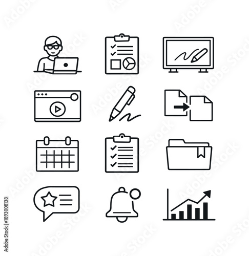 Teacher Tool Icons. Teacher content tools. Line icon set of Teacher content tools: teacher at laptop, lesson plan, digital whiteboard, screen recording,