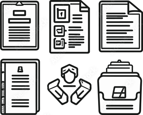 corporate policy objects, company rulebook, policy update document, approval workflow arrows, employee acknowledgment icon, policy archive folder, bold black thick outline line art 1