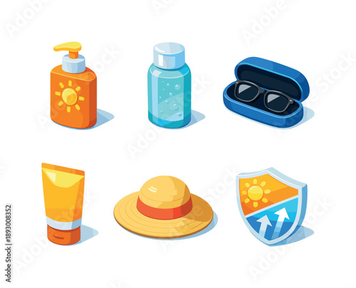 Sun Care Essentials. Sun care. Isometric flat vector icons set of sun care: sunscreen lotion pump, after sun gel bottle, sunglasses case, sun protection cream