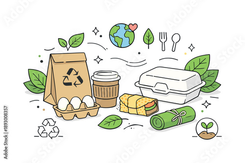 Eco Packaging Harmony. Eco packaging concept. Recyclable containers and wraps displayed with leaves and simple icons, showing harmony between product and
