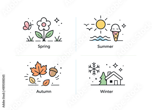 Seasonal Minimalist Icons. Minimal seasonal graphic pack overview. A clean abstract scene showing simple icons for spring, summer, autumn and winter arranged