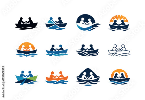 Boating Icon Set. Taking a boat ride. Icon set. Set Logo of taking a boat ride: people boating together. harmonious logo variations of the same emblematic