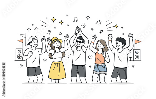 Joyful Festival Dance. Festival crowd celebration. Group of attendees dancing lightly with raised hands, positive energy and festive mood without chaos.