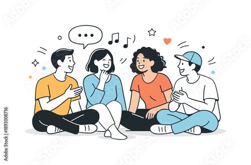 Joyful Group Interaction. Positive group interaction. Friends sharing thoughts or laughing together, with minimal abstract symbols for sound, joy,