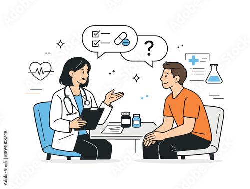 Healthcare Consultation Scene. Healthcare consultation room. A doctor and patient sitting face to face, discussing treatment options in a relaxed setting.