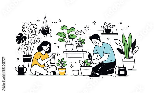 Indoor Jungle Serenity. Indoor jungle mood. Plant lovers caring for multiple potted plants, relaxed poses and open space creating a peaceful, nurturing