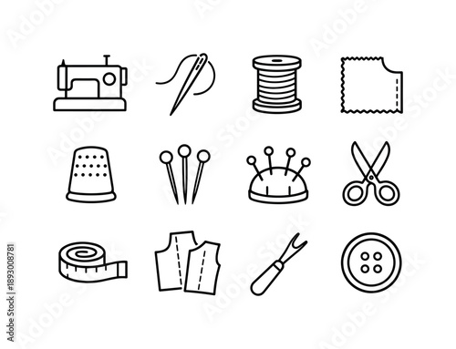 Craft Sewing Icons. Craft sewing. Line icon set of Craft sewing: sewing machine, needle, thread spool, fabric piece, thimble, pins, pin cushion, scissors,