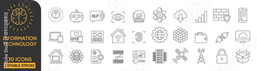 30 Information Technology and Smart Tech Line Icons Set - Artificial Intelligence, Cyber Security, Cloud Computing, Data Network, and Digital Innovation Symbols with Editable Stroke