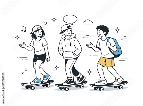Skating Friendship Vibes. Teenagers skateboarding together. Friends skating side by side and talking casually. Social connection and shared hobby in a relaxed