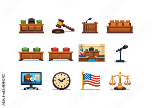 Courtroom Icons Set. Courtroom. Colorful flat vector icons set of Courtroom: judge bench, judge gavel, witness stand, jury seats, defense table, prosecution