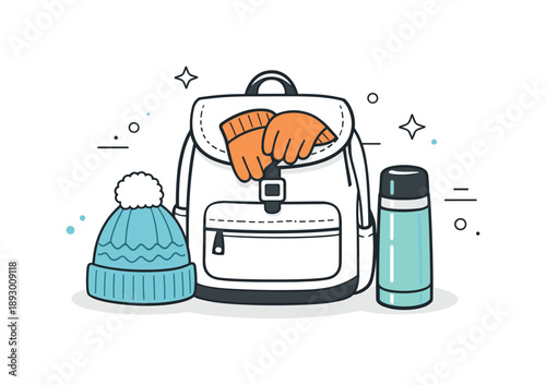 Winter Travel Essentials. Winter accessories for travel. Backpack with warm gloves, knitted hat, and thermos neatly placed nearby, expressing comfort and