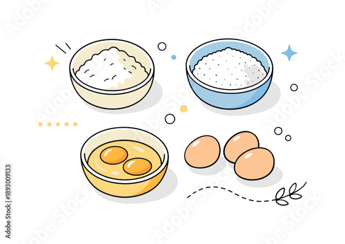Minimalist Baking Ingredients. Flour sugar eggs flat lay. Ingredients placed in small bowls, viewed from above, ready for baking. Quiet kitchen moment, order