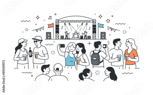 Festival Vibes. Music festival crowd. People holding drinks, chatting, and taking photos with the stage visible in the distance. Social connection and casual