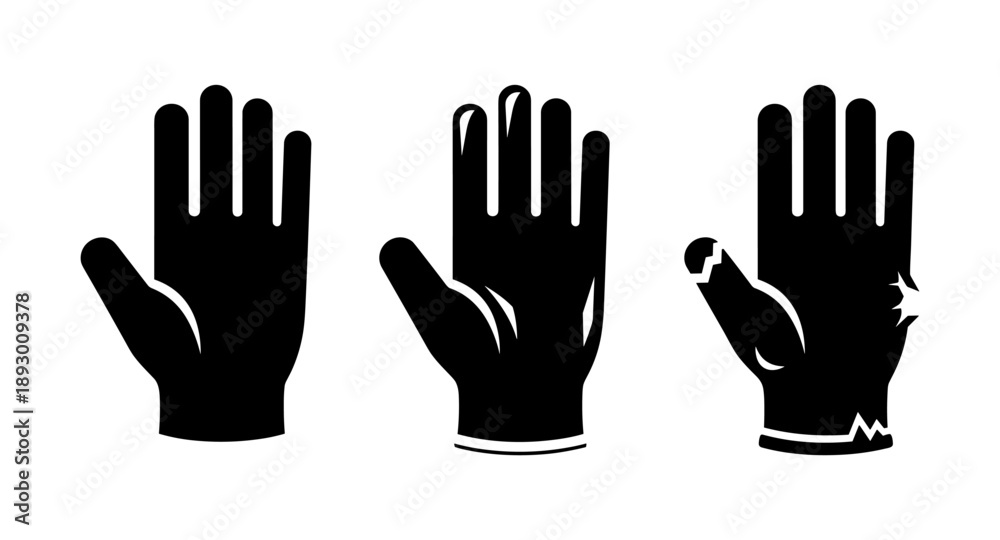Obraz premium Three black glove icons showing stages of wear and tear from new to damaged