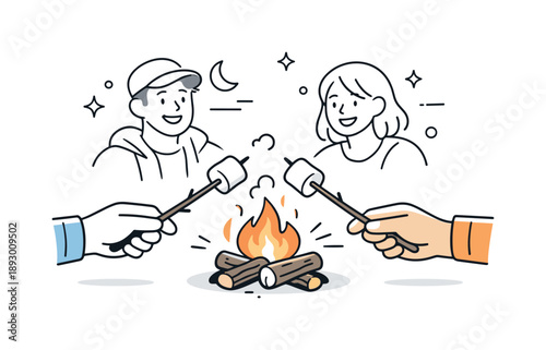 Marshmallow Roasting Fun. Friends roasting marshmallows moment. Close scene focusing on hands holding marshmallows over a small fire, people smiling in the