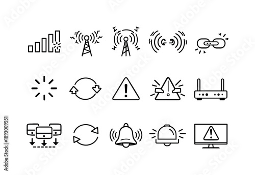 Signal Flicker Icons. Signal Flicker. Line icon set of Signal Flicker: weak signal bars, antenna glitch, transmission waves, broken connection, loading
