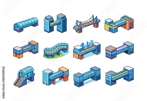 Colorful Skybridge Icons. Skybridge. Colorful isometric vector icons set of Skybridge: modern glass skybridge, high-rise bridge connector, suspended walkway,