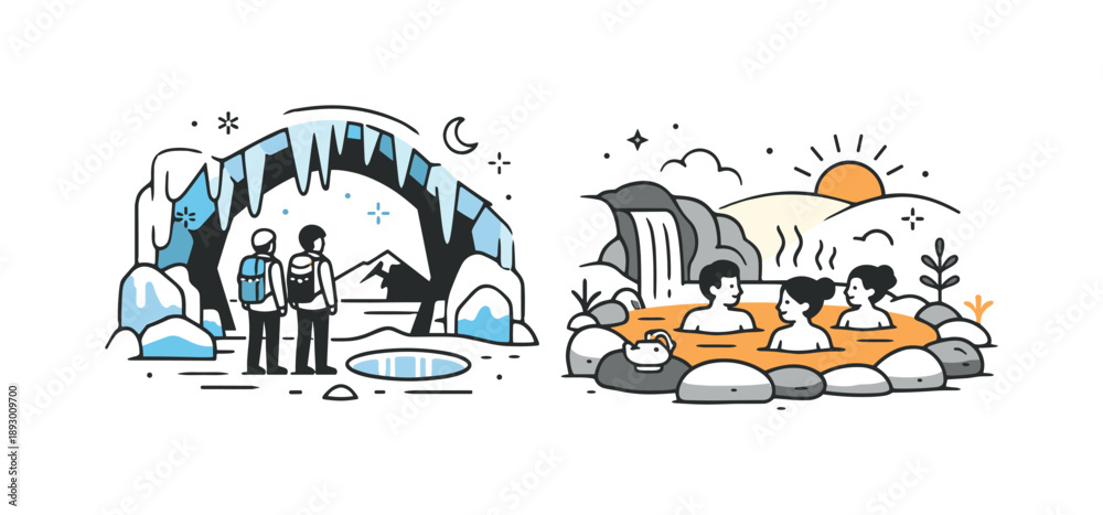Fototapeta premium Earth's Contrasting Wonders. Natural wonders of the planet. Ice caves and hot springs are shown side by side, highlighting contrast between extreme cold and
