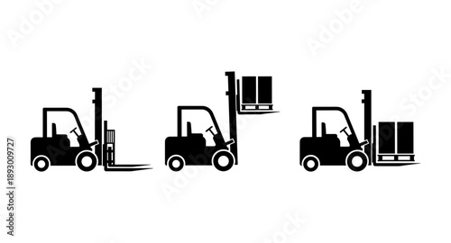 Three forklift icons showing different stages of loading and unloading cargo