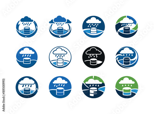 Rainwater Collection Icons. Rainwater collection. Icon set. Set Logo of rainwater collection: circular water cycle with rain and storage tank. harmonious logo