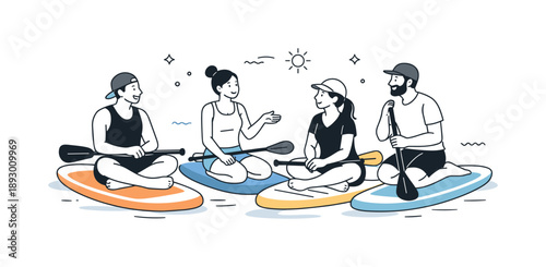 Paddleboard Break Chat. Group paddleboarding rest moment. Paddleboarders pausing and chatting while sitting or kneeling on boards. Relaxed break and friendly