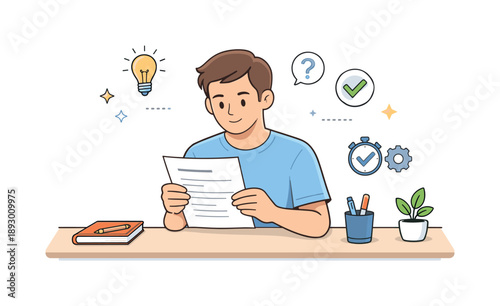 Focused Instructions Reading. Reading instructions. Person calmly reading printed instructions at a desk, focused and attentive before starting a task. Clean,