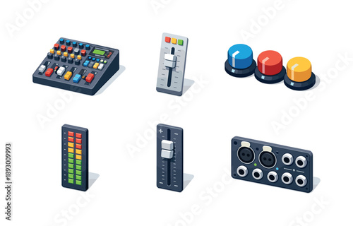 Isometric Soundboard Icons. Soundboard mixer. Isometric flat vector icons set of soundboard mixer: audio mixing console, channel fader strip, rotary EQ knobs,