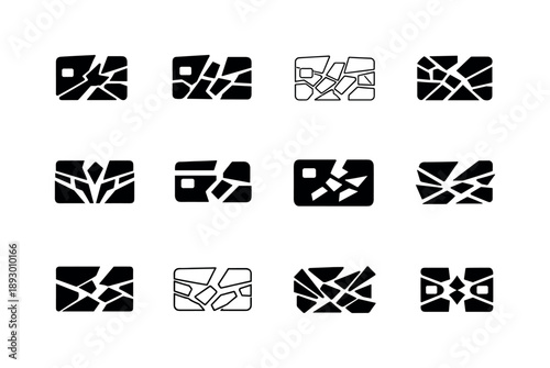 Shredded Credit Card Icons. shredded credit card. Icon set. Set Logo of shredded credit card: fragmented credit card pieces. harmonious logo variations of the
