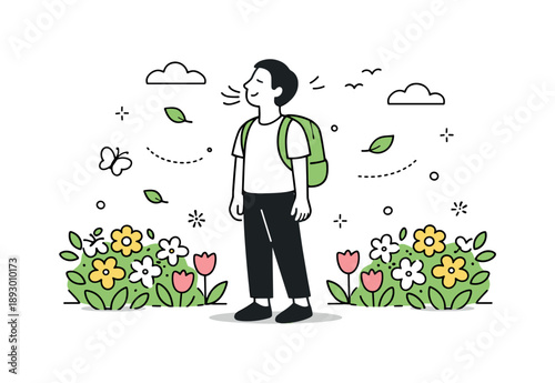 Spring Nature Walk. Spring freshness outdoors. A person walking or standing still among flower beds and new green leaves, breathing in fresh air. The