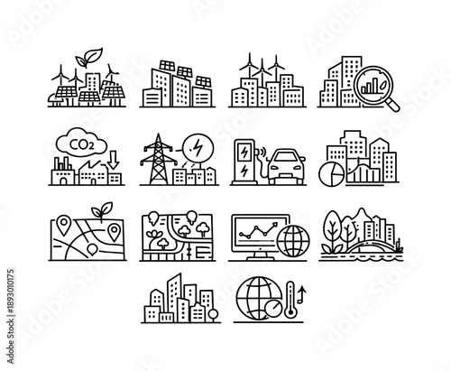 Sustainable Smart City Icons. Sustainable Smart City. Line icon set of Sustainable Smart City: renewable energy city, solar panels on buildings, wind turbines