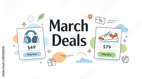 March Deals Banner. March deals marketing banner. A clean editorial banner with bold text like ?March Deals? and simple product cards, light abstract shapes