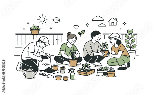 Urban Balcony Gardening. Balcony gardening people. A small group arranging potted plants and soil on a balcony floor, capturing teamwork, sustainability, and