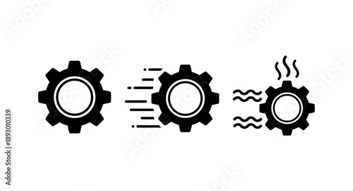 Three black gear icons representing different stages of mechanical operation and performance