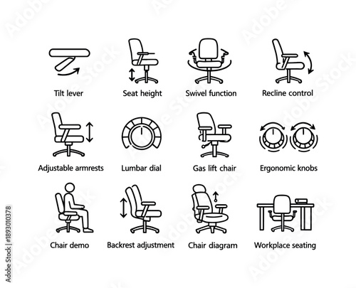 Office Chair Icon Set. Office chair adjustment. Line icon set of Office chair adjustment: tilt lever, seat height, swivel function, recline control, adjustable