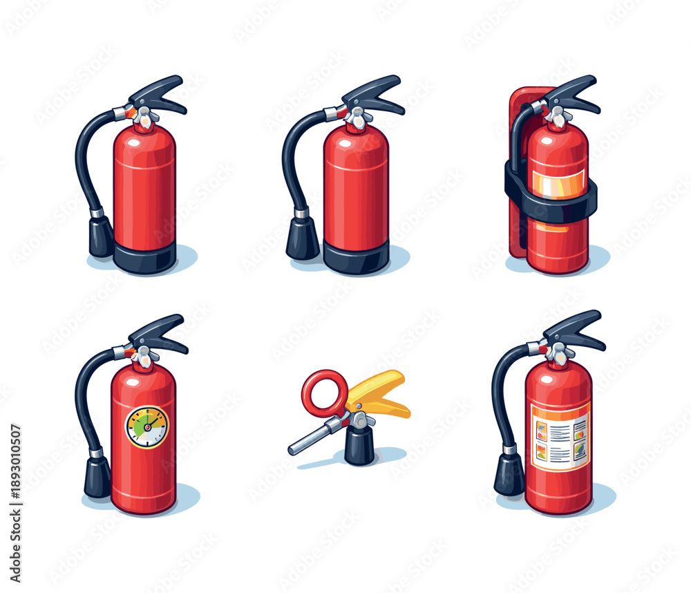 Obraz premium Fire Extinguisher Icons. Fire Extinguisher. Isometric flat vector icons set of Fire Extinguisher: classic red fire extinguisher, fire extinguisher with hose,