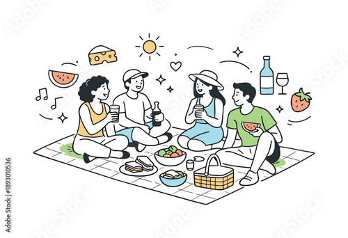 Sunny Picnic Bliss. Summer outdoor fun. A picnic scene with friends sitting on a blanket, sharing snacks and drinks under the sun. Relaxed social moment,