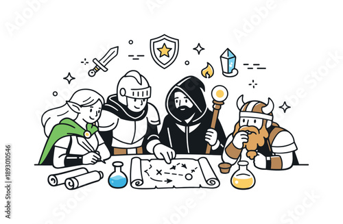 Fantasy Game Planning. Fantasy role-playing game scene. A group of heroes calmly planning around a table with scrolls, potions, and simple icons of magic.