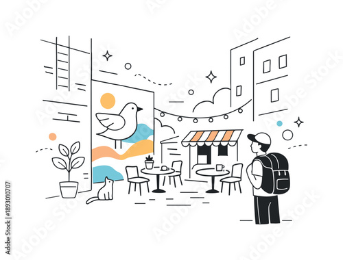 Hidden Urban Gem. Urban exploration and hidden city gems. A curious person discovers a quiet courtyard, mural, or small cafe between tall buildings, capturing