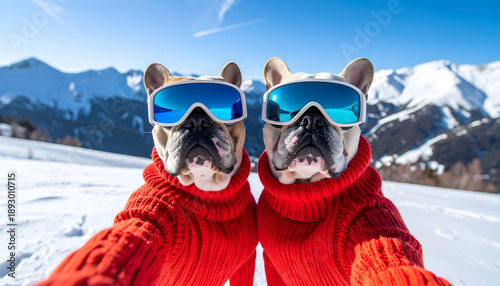 Playful winter portrait of two white bulldogs taking a selfie in a snowy mountain landscape. The dogs wear red wool pullovers and blue snowboard goggles, creating a fun après-ski atmosphere. macro