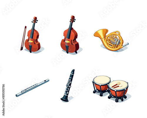 Orchestra Icons Grid. Orchestra. Isometric flat vector icons set of orchestra: cello, double bass, French horn, flute, clarinet, timpani drums. Arrange all