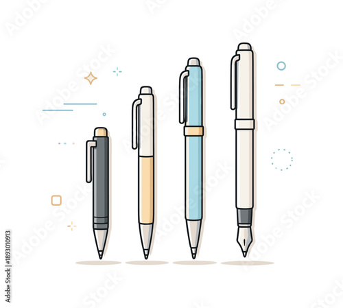 Minimalist Pen Collection. Minimal pens set. Three to five pens of different lengths aligned neatly with plenty of white space around. Modern writing tools,