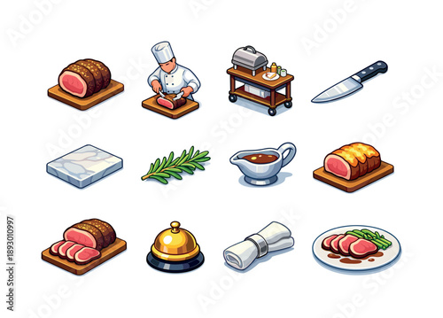 Gourmet Meat Icons. Gourmet meat carving. Colorful isometric vector icons set of gourmet meat carving: premium roast beef, fine dining chef, elegant carving