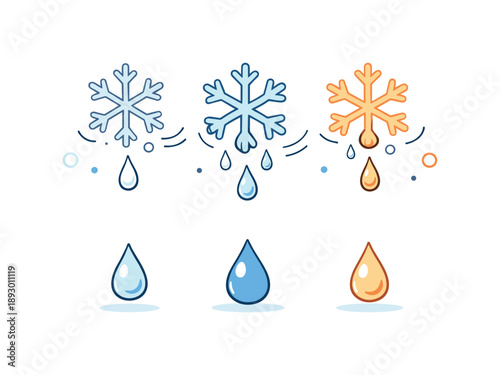 Snow Melting Transition. Snow turning into water drops illustration. Minimal editorial scene showing snowflakes softly melting into clear water drops, calm